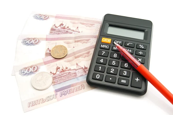 Calculator, pen, banknotes and coins — Stock Photo, Image