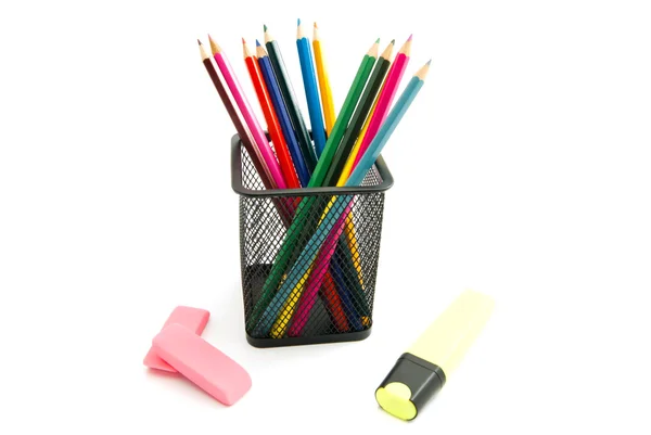 Colorful pencils, marker and erasers — Stock Photo, Image