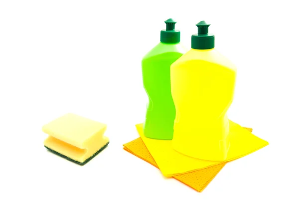 Sponges, rags and two bottles — Stock Photo, Image