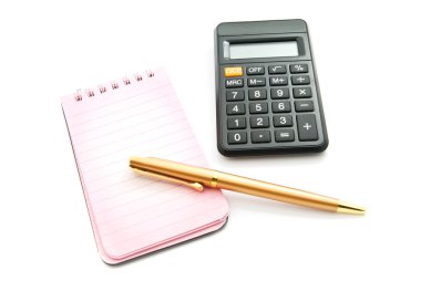 kalem, not defteri ve hesap makinesi