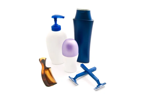 Gel, shampoo, comb and deodorant — Stock Photo, Image