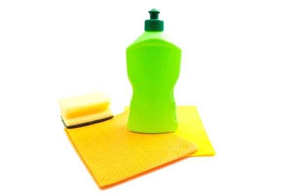Botella, trapos y esponja amarilla —  Fotos de Stock