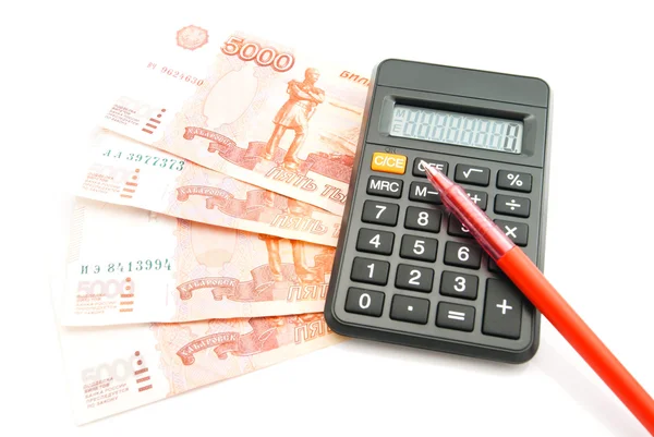 Rus banknotlar, kalem ve beyaz hesap makinesi