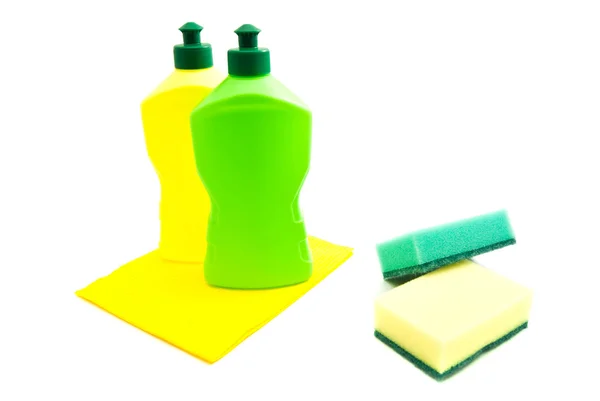 Sponges, rag and bottles — Stock Photo, Image
