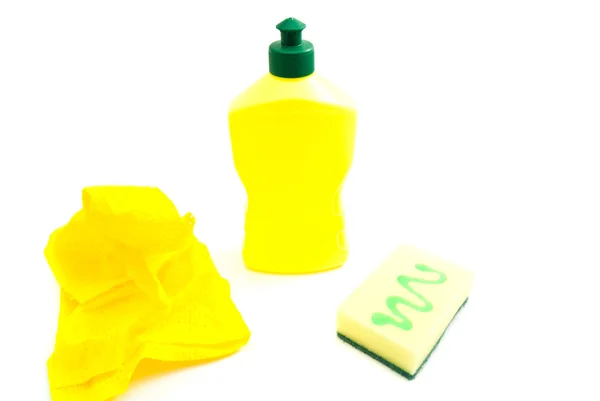 Yellow sponge, bottle and rag — Stock Photo, Image