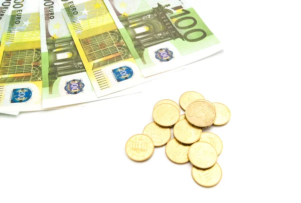 Notas e moedas de euros — Fotografia de Stock