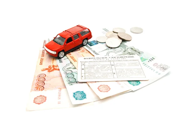 Driving license, banknotes and car — Stock Photo, Image