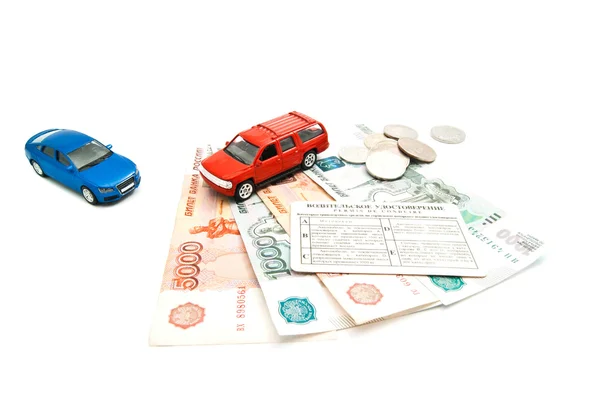 Driving license, banknotes and cars — Stock Photo, Image