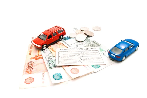 Cars, driving license and money — Stock Photo, Image