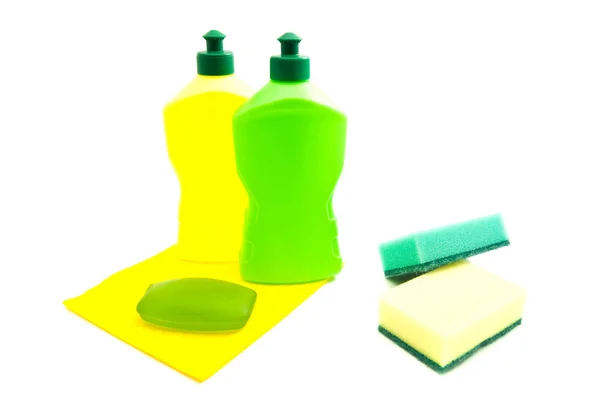 Sponges, soap, rag and bottles — Stock Photo, Image