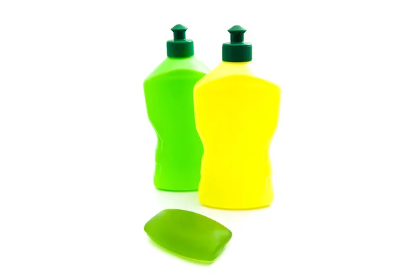 Jabón verde y botellas — Foto de Stock