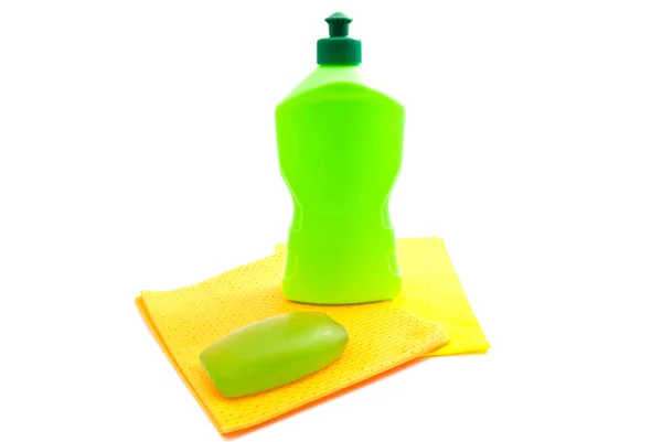 Bottle, rags and soap — Stock Photo, Image
