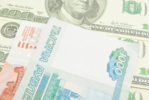 Dollars et différents roubles billets — Photo