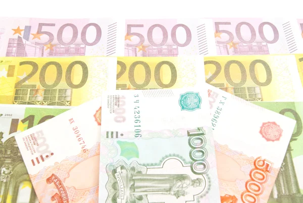 Ryska sedlar och Euro-sedlar — Stockfoto