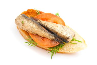sandwich with sprats and tomato on white clipart