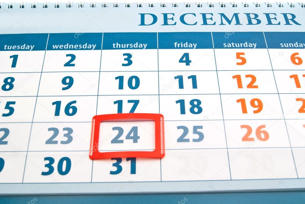 Christmas day date on calendar closeup