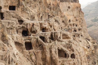 Close-up view of Vardzia caves. Vardzia is a cave monastery site in southern Georgia, excavated from the slopes of the Erusheti Mountain on the left bank of the Kura River.