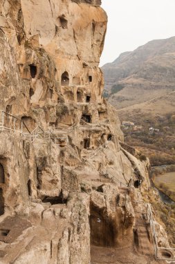 Close-up view of Vardzia caves. Vardzia is a cave monastery site in southern Georgia, excavated from the slopes of the Erusheti Mountain on the left bank of the Kura River.