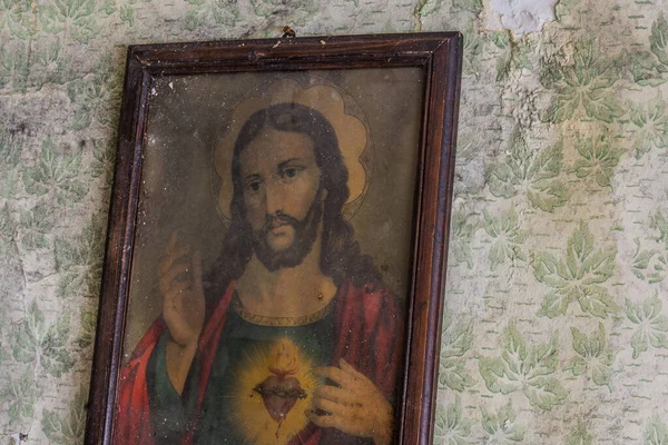 Vieille Photo Jésus Dans Une Pièce Une Maison Dans Forêt — Photo