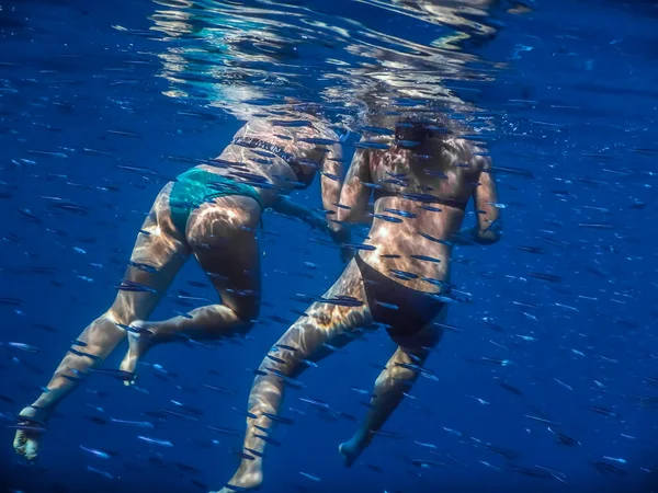 Deux Femmes Avec Des Poissons Bleus Dans Mer Été — Photo