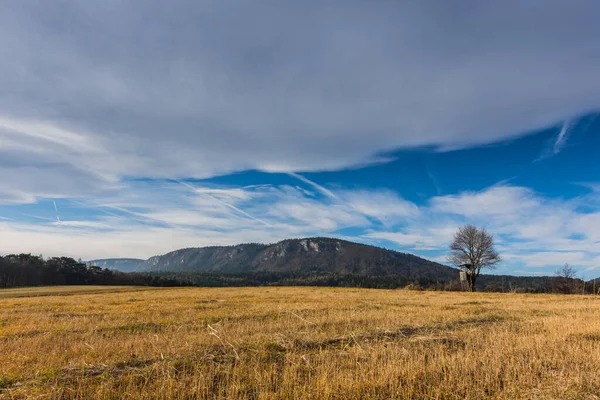 Feld Und Berg Mit Weißen Wolken Himmel Der Natur — Stockfoto