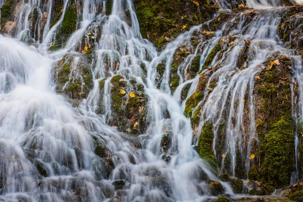 Large Waterfall Many Water Trails Moss Detail View — Zdjęcie stockowe