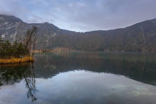 Oblique Trees Lake Shore Reflection While Hiking Vacation — Stock Photo, Image
