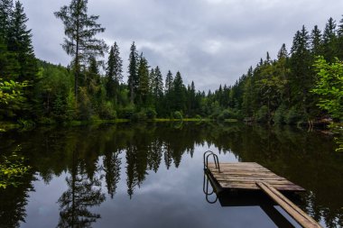 Parmaklıklı ahşap iskele güzel bir yansıması olan berrak bir dağ gölünde.