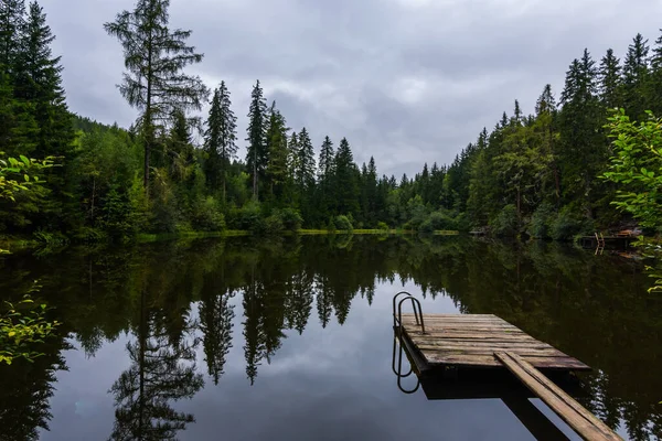 Parmaklıklı ahşap iskele güzel bir yansıması olan berrak bir dağ gölünde.