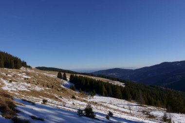 Dağlı geniş kış manzarası ve yürüyüş yaparken karlı ağaçlar