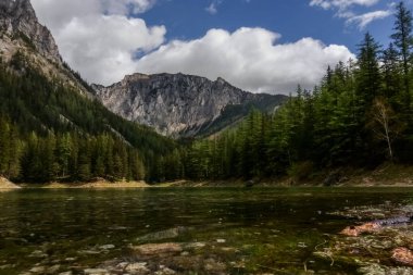 İlkbaharda dağları ve ağaçları olan güzel bir manzara.