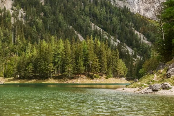 在山中有绿水的湖 春天有松树 — 图库照片