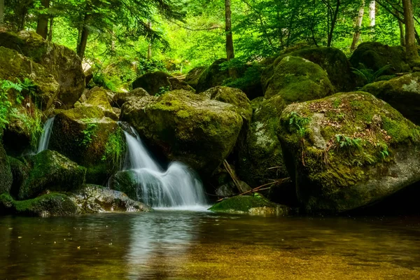 Красивый Маленький Водопад Течет Мелководье Ущелье — стоковое фото