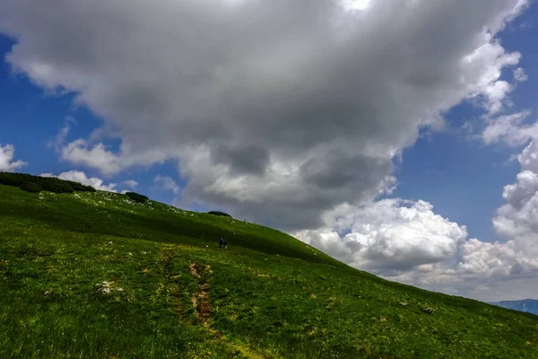Trilha Prado Verde Uma Montanha Com Grandes Nuvens Brancas Céu — Fotografia de Stock