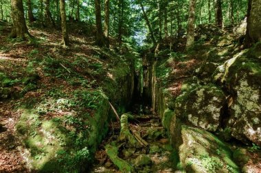 Dayak yemiş eski kanyon dağlardaki büyük kayaların arasından