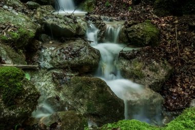 Yumuşak bir şelaleden, dağlarda yeşil yosun olan kayaların üzerinden güzel adımlar.