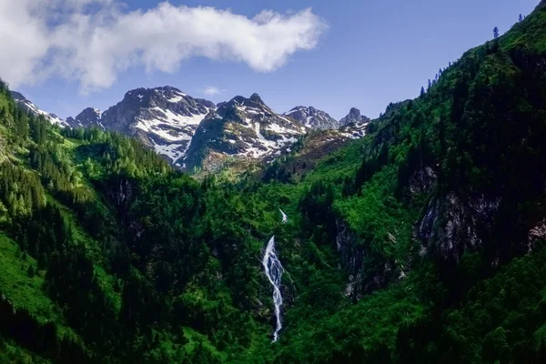 Великий Водоспад Горах Зеленими Деревами Гора Снігом Блакитним Небом — стокове фото
