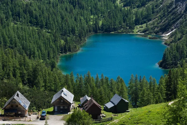 Prachtig Blauw Bergmeer Tussen Groene Pinetrees Huizen Een Natuurgebied — Stockfoto