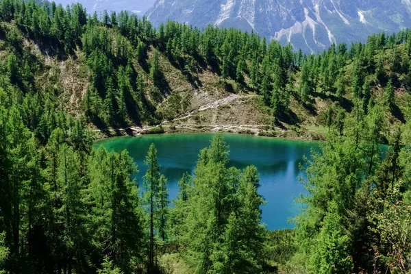 Yazın Ağaçlarla Tepeler Arasında Yeşil Mavi Dağ Gölü — Stok fotoğraf