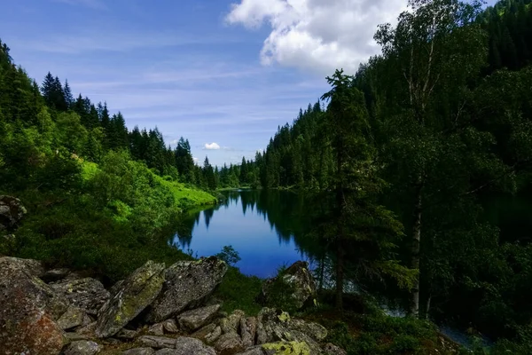 Hermoso Reflejo Lago Azul Montaña Mientras Caminaba Verano — Foto de Stock