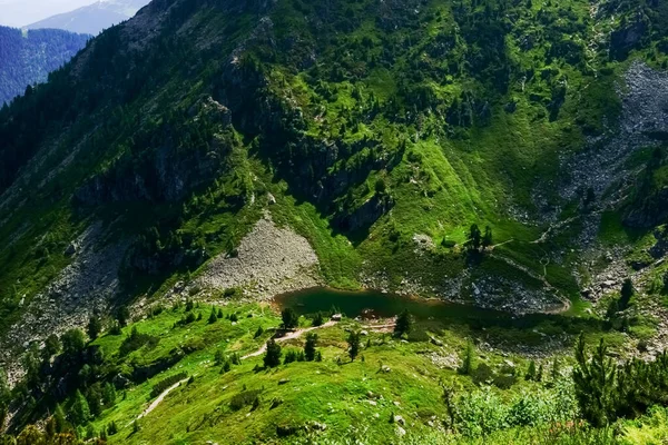 山の中をハイキングする道のある小さな山の湖 — ストック写真