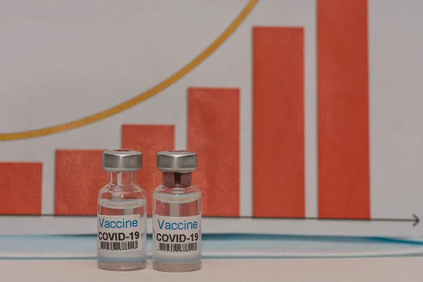 Two Bottles Covid Vaccine Virus Rising Chart Stock Exchange Detail — Stock Photo, Image