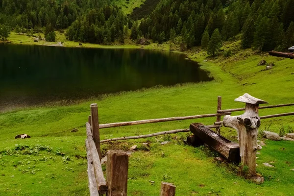 Fonte Madeira Cerca Vale Verde Com Lago Enquanto Caminhadas — Fotografia de Stock