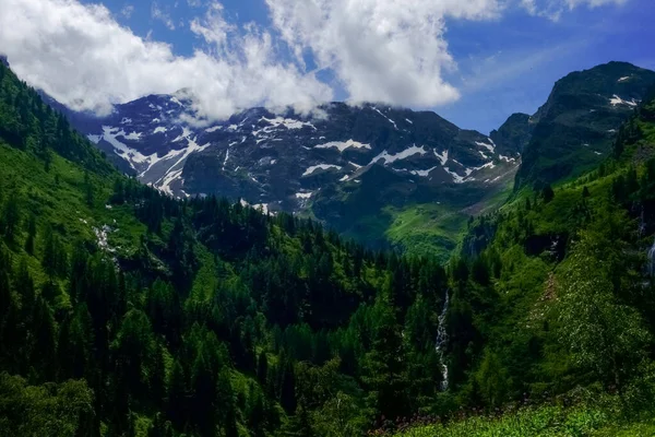 Красиві Гори Снігом Зеленому Пейзажі Влітку — стокове фото