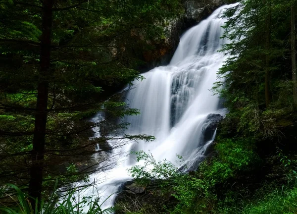 Vacker Stor Mjuk Strömmande Vattenfall Den Gröna Skogen — Stockfoto