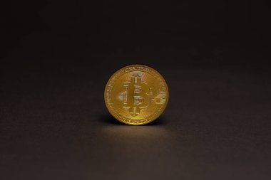 Orta manzarada siyah bir arkaplanda duran tek altın parlayan değerli bitcoin.