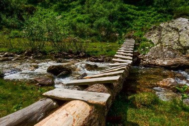 Doğada bir dağ deresinin üzerindeki özel ahşap köprü.