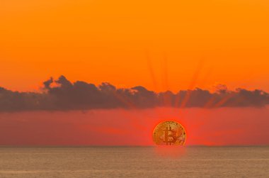 Bitcoin yerine, ufukta görünen ufukta üç çeyrek güneş ışınları olan bir güneş.
