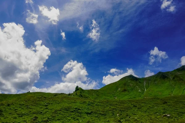 Yazın mavi gökyüzünde beyaz bulutları olan harika yeşil tepeler