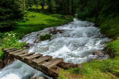 Yazın yürüyüş yaparken akan soğuk bir dağ deresinin üzerindeki eski ahşap köprü.